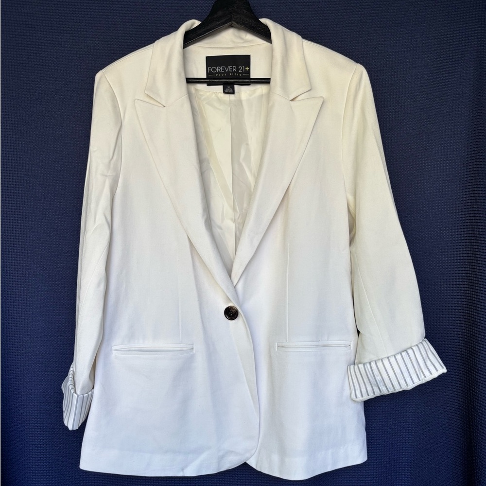 Forever 21+ White Blazer with Striped-lining on the sleeve cuffs